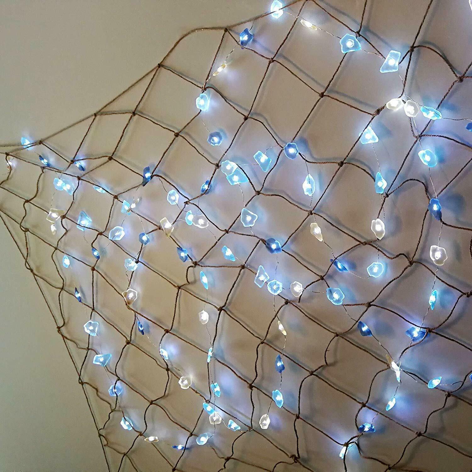 Coastal Decor Crystal Stone Beach 40 LED Lights 13.5' Foot String Ocean Sea Blue String Lights