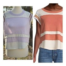 Free People Hint of Stripe Colorblock T-Shirt Sz XS NWT Lilac Cream Brown - $68.31
