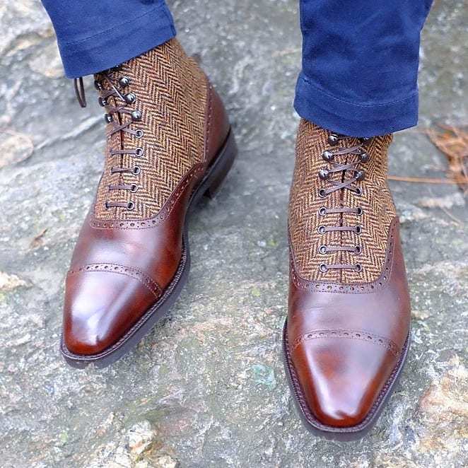 Handmade Men's Brown Two Tone Leather & Tweed High Ankle Lace Up Boots