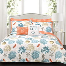 Lush Decor Coastal Reef Feather Polyester Reversible Quilt, King, Blue/Coral, 7- image 12