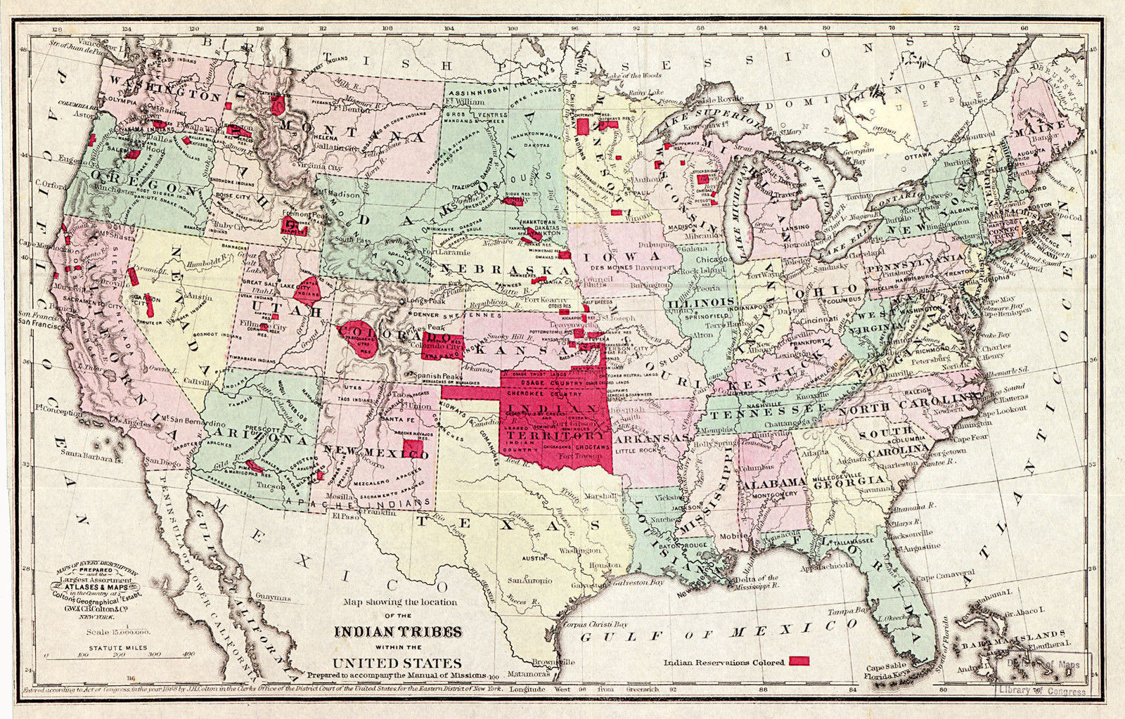 1868 Map 16x25 Showing Location of Indian Tribes within the US Poster 