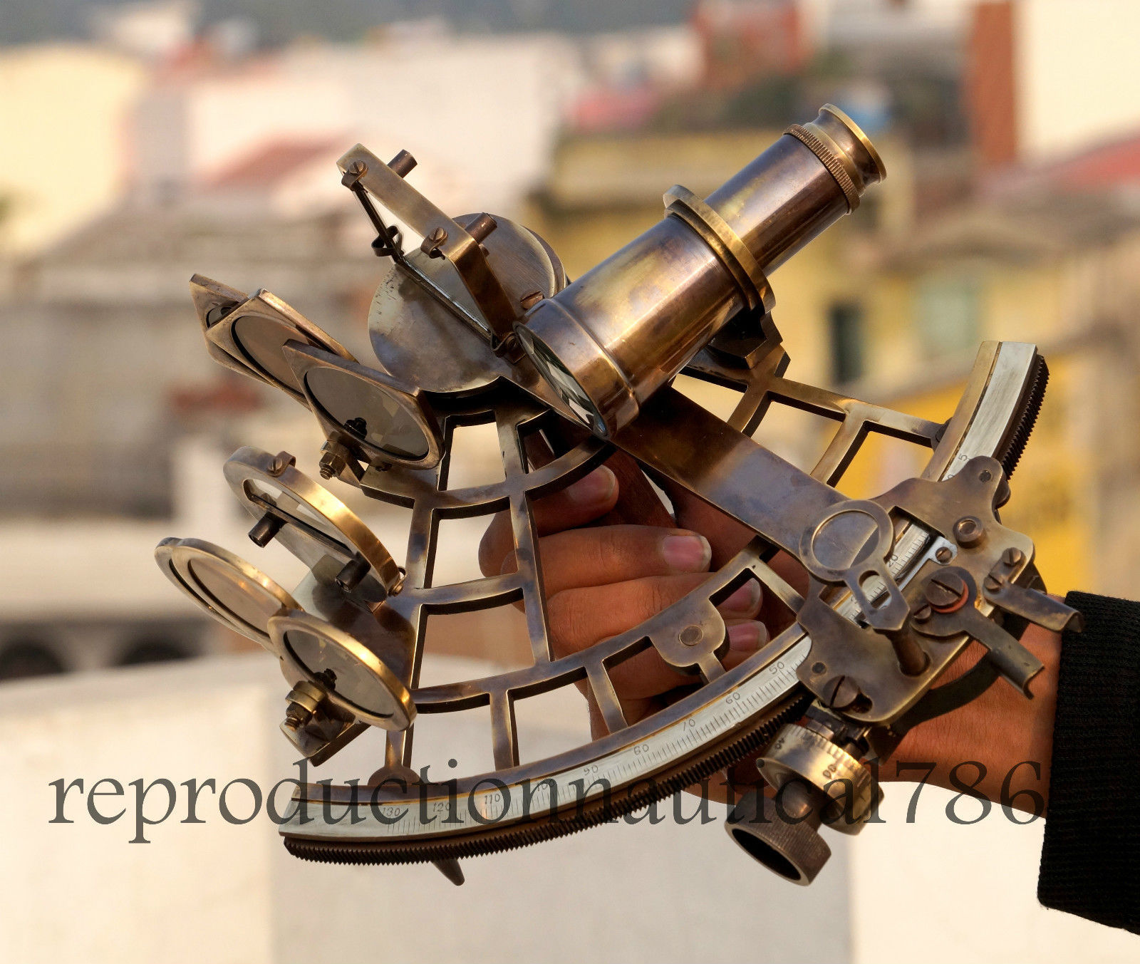 Antique Heavy Brass Astrolabe Sextant With Wooden Box Nautical Gifting