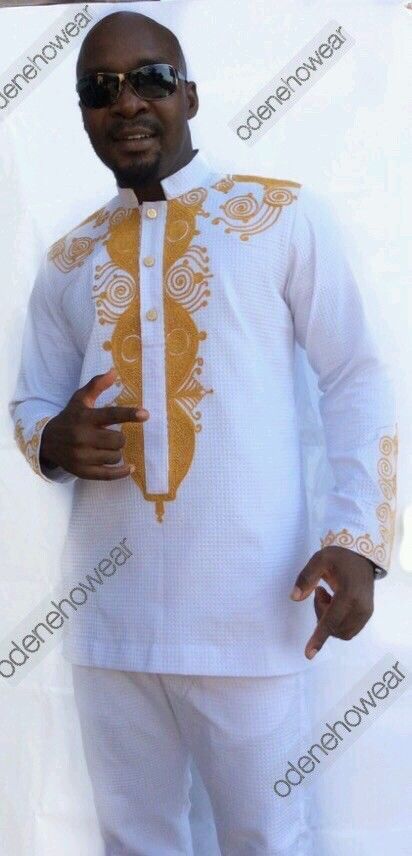 Odeneho Wear Men's White Polished Cotton Outfit/ Embroidery.African Clothing. 