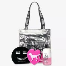 Victoria’s Secret PINK silver tote bag dog sponge charcoal mask coconut oil wash - $23.36