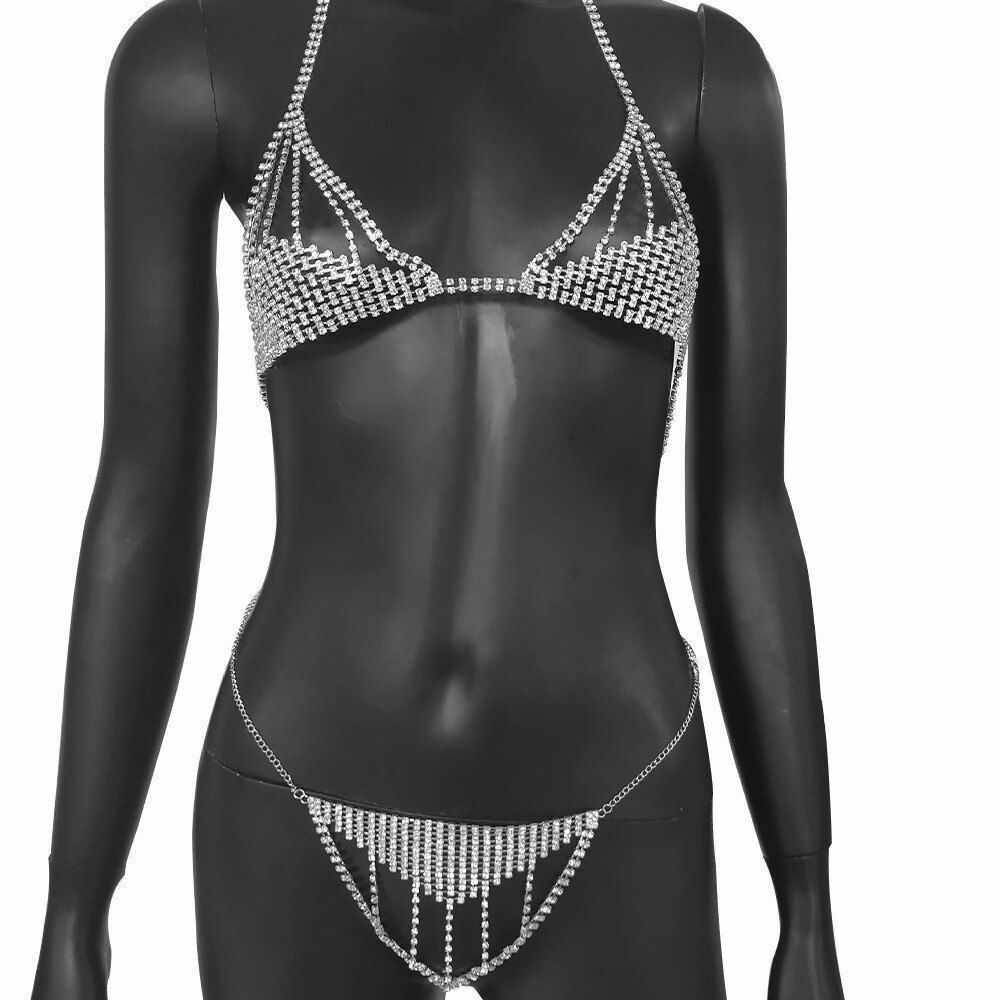 Luxury Hollow Rhinestone Sexy Bikini Set Body Harness Bra And Thong Women Bling