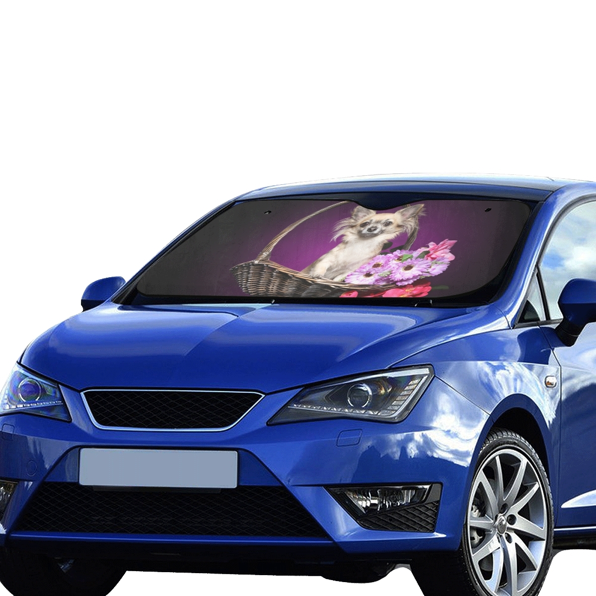 Fun Car Sun Shade Chihuahua Bouquet Flowers Sitting Wicker ...