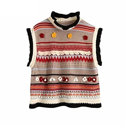 Color Matching Floral Appliques Knitting Sweater Ladies Sleeveless Casual Vest S