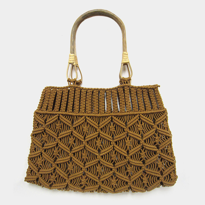 Ginga&#39;s Galleria Brown Rectangle Crochet Knit Wood Handle Tote Bag - Handbags & Purses
