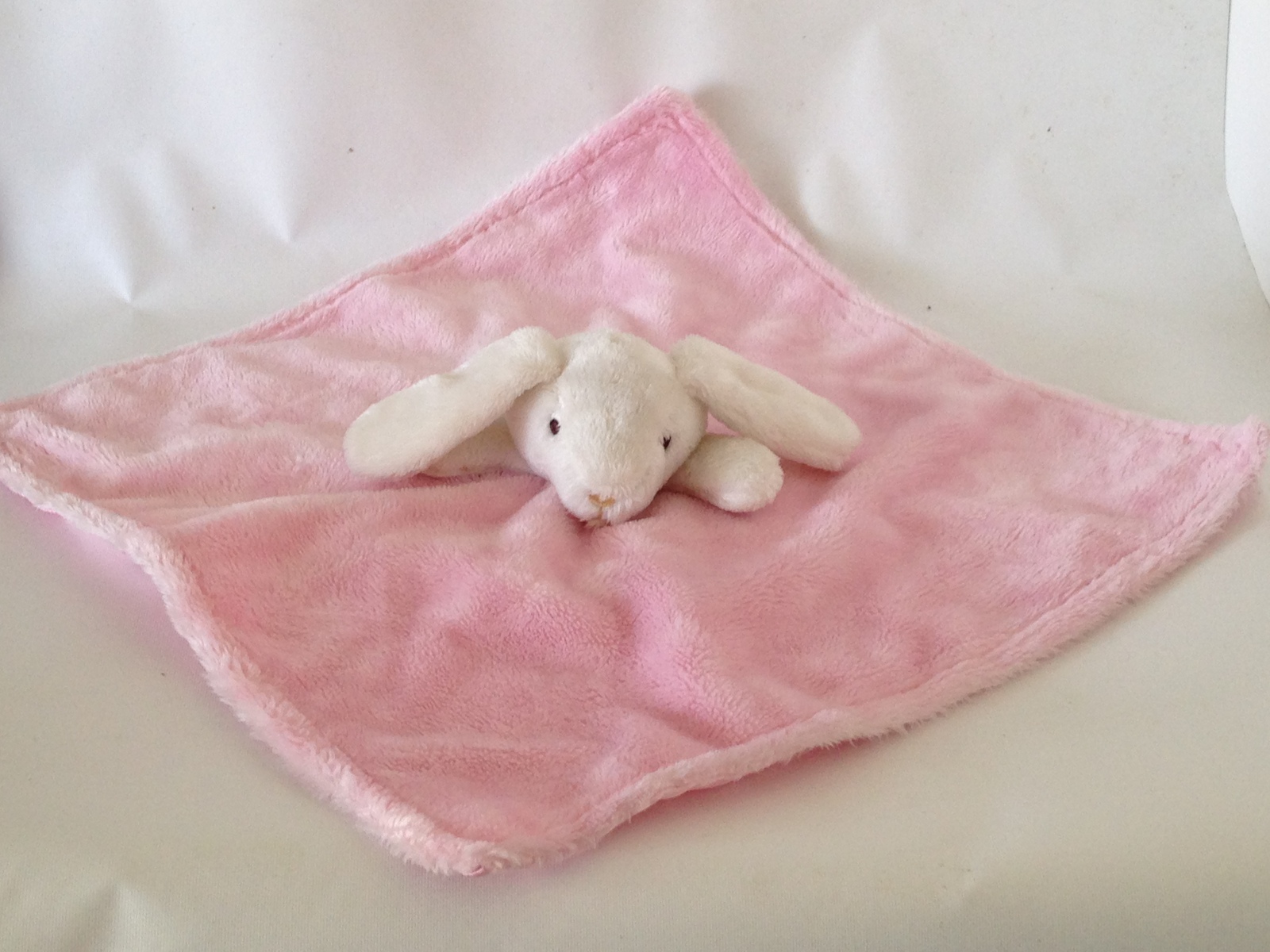 Pink Baby Blanket White Bunny Rabbit Satin Plush Security Sewn Eyes