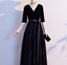 Women Half Sleeve Velvet Maxi Dress High Waist Formal Dress, Black, Plus Size image 13