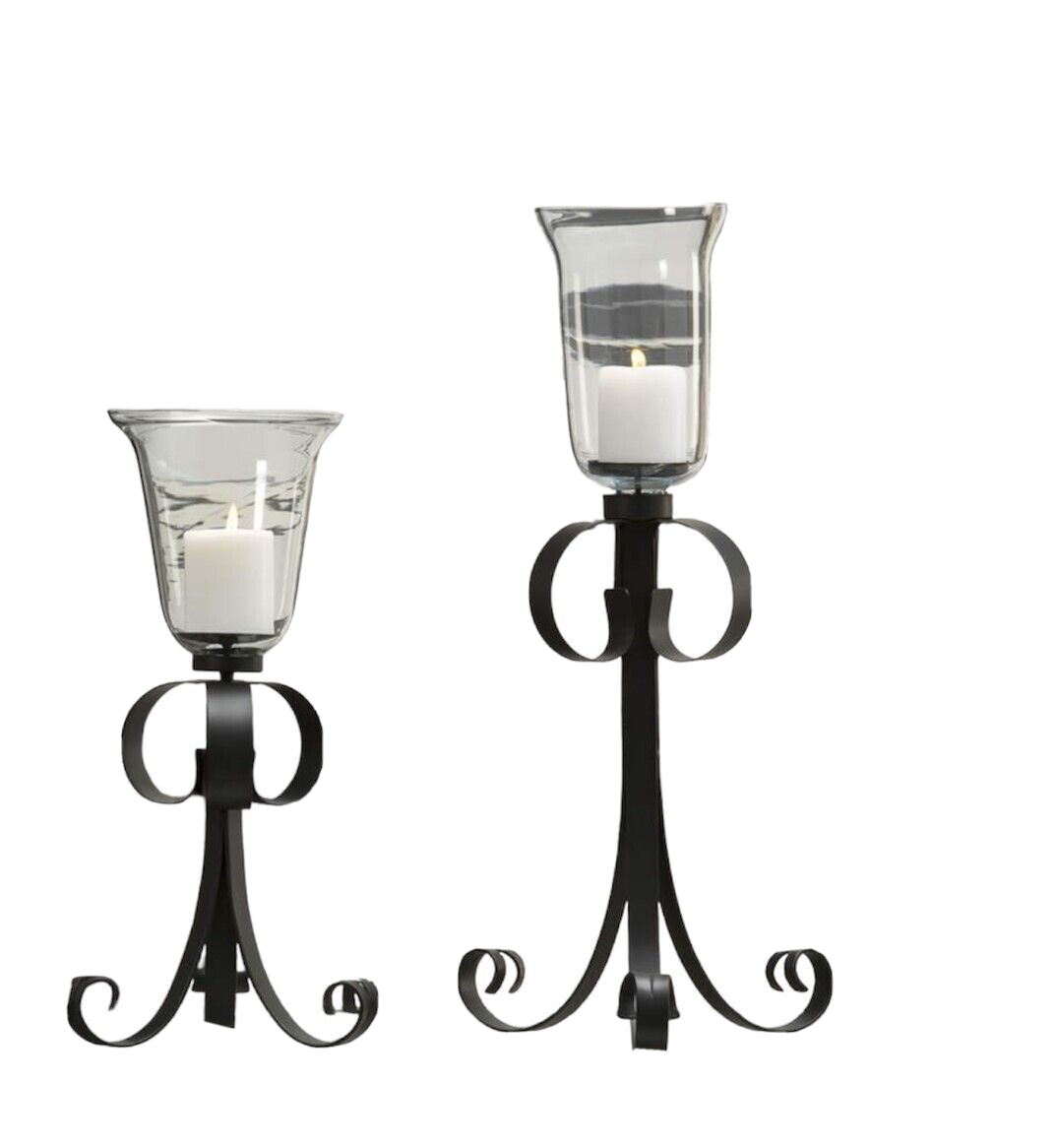 Pedestal Candle Holder Set Of 2 Black Iron With Glass Holders 199 And 25 High Candle 5624