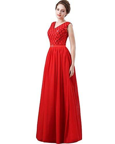 V Neck Long Sequined Chiffon A Line Corset Prom Evening Dresses Red US 12