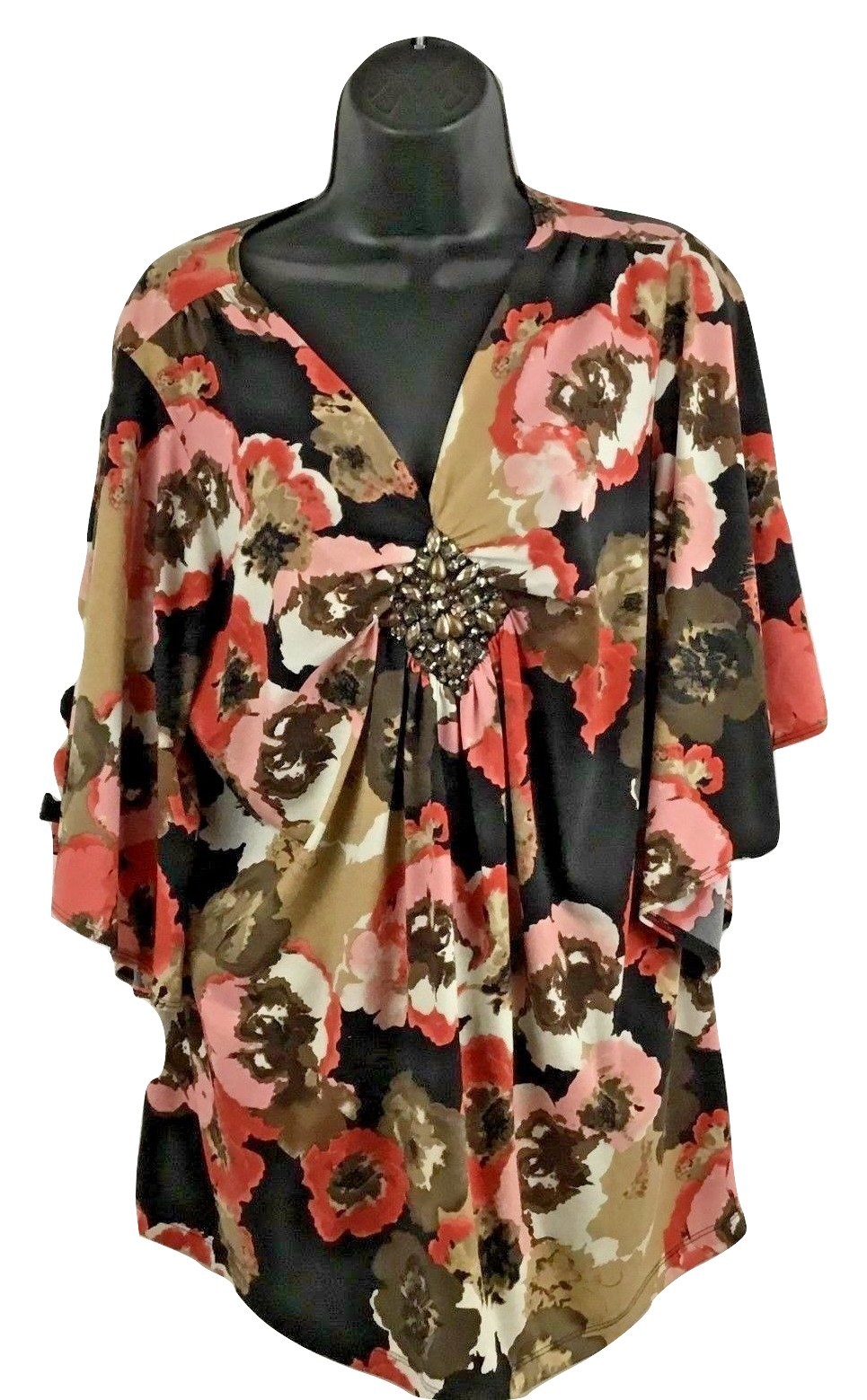 Women Dressbarn V Neck Beaded Gathered Stretch Angel Sleeve Brown
