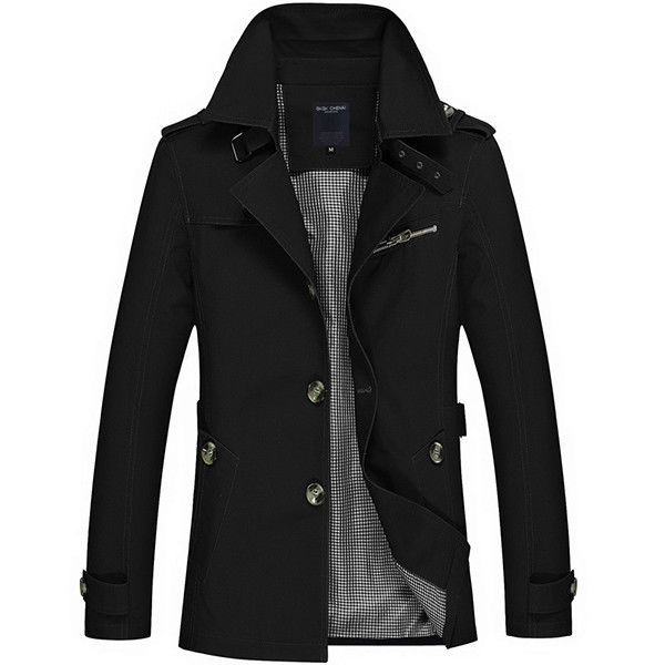 Image of Men Casual Single-breasted Trench Coat Turn-down Collar Slim Fit Cotton Overcoat