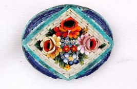 Antique Mirco Mosaic Pin Brooch Made in Italy Oval with Flowers - $28.04
