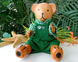 Teddy Bear Wood Toy Hand Crafted Carved Wooden Doll Sitting Movable  - $21.95