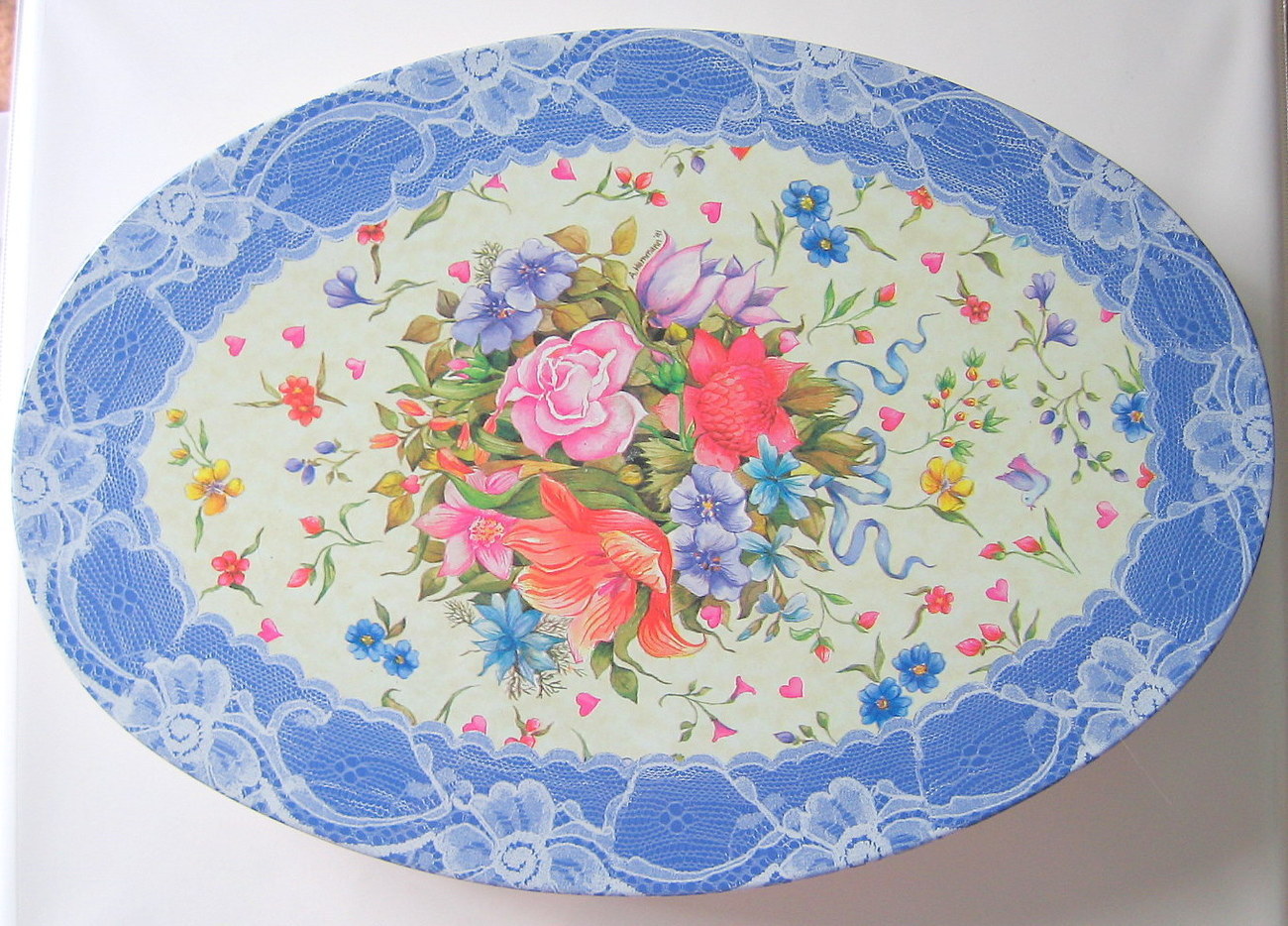Victorian Style Floral Oval Storage Tin with Lace Accents Decorative