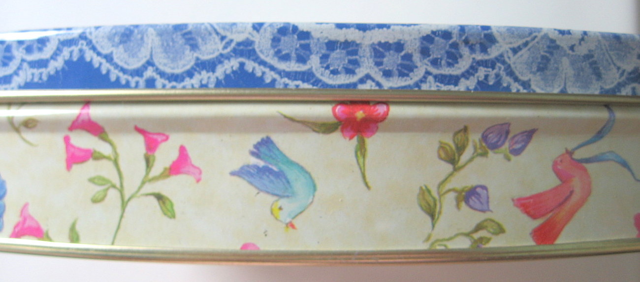 Victorian Style Floral Oval Storage Tin with Lace Accents Decorative