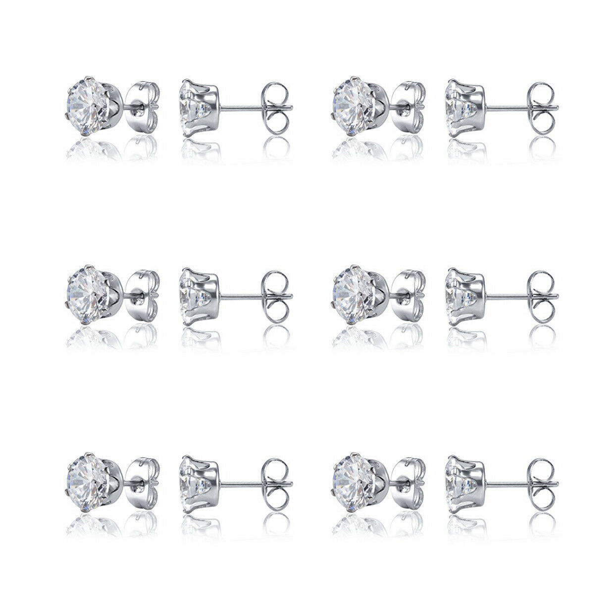 6 PACK SET Surgical Steel Unisex Stud Earrings Made with Crystal