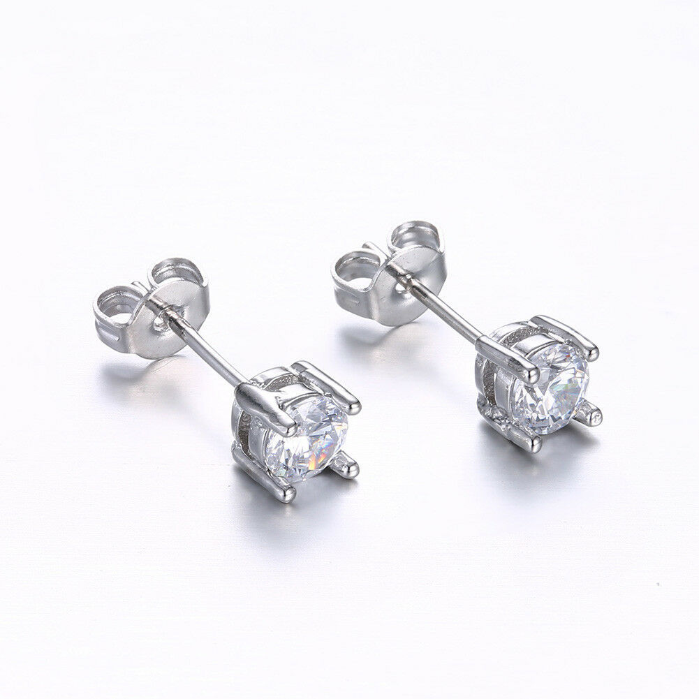 10k White Gold Clear CZ Cubic Zirconia Stud Earrings Round Prong Silicone Backs