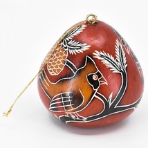 Handcrafted Carved Gourd Art Red Cardinal Pinecone Winter Ornament Made in Peru