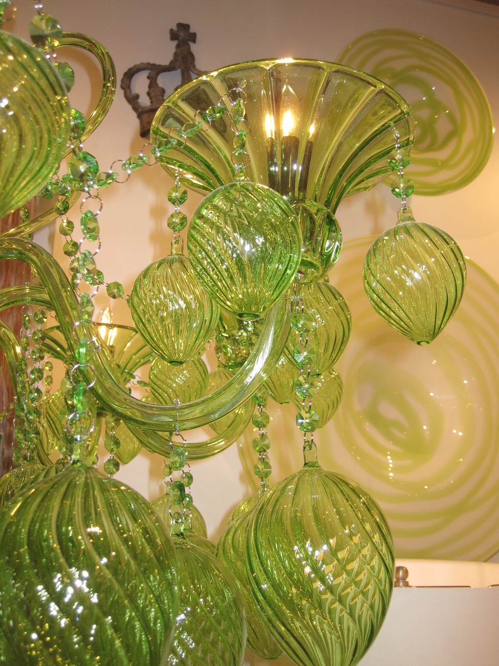 GREEN GLASS & CRYSTAL CHANDELIER, 8 Light, Murano STYLE Hand Blown