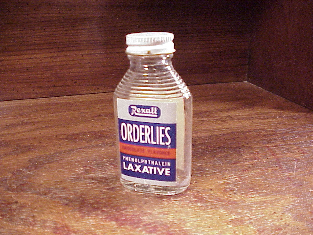 1950’s Rexall Orderlies Laxative Glass Bottle, with lid, 60 tablet size