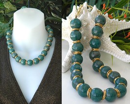 Vintage choker necklace green glass beads marble goldtone thumb200