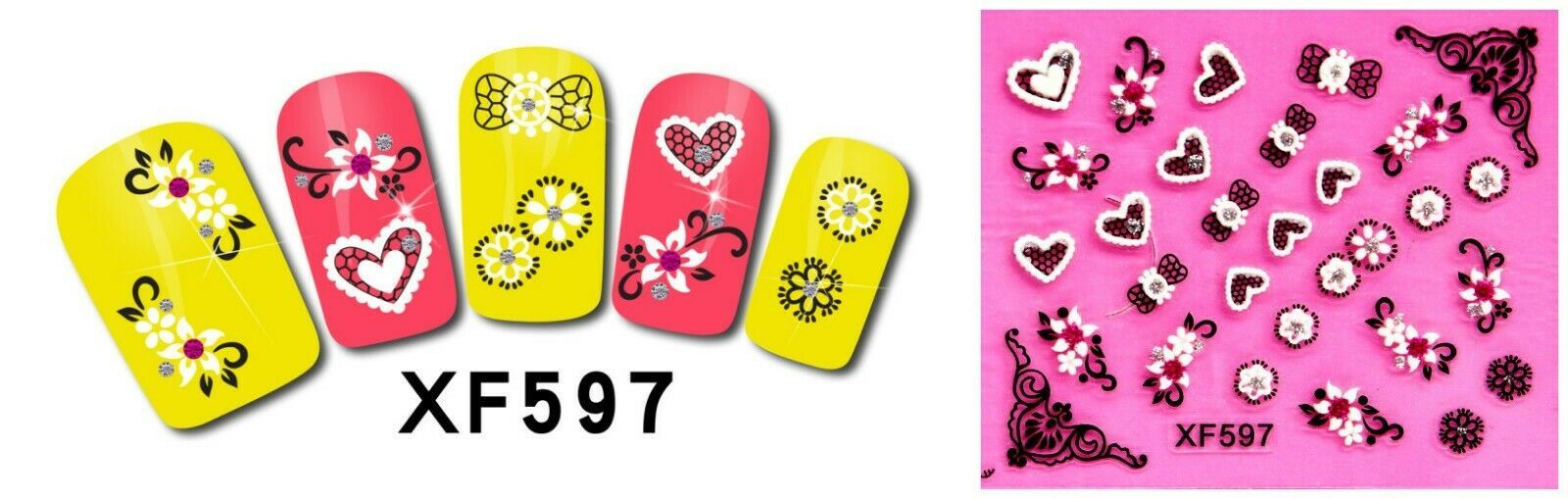 Nail Art 3D Stickers Stones Design Decoration Tips Heart White Black XF597