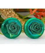 Vintage Green Lucite Button Earrings Fabric Rose Flower Clip-Ons - $12.95