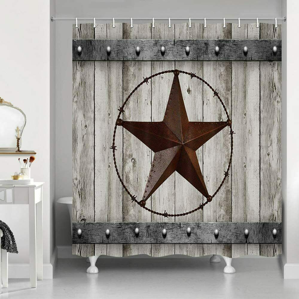 Texas Star Barn Door Rustic Wood Plank Country Western Fabric Shower