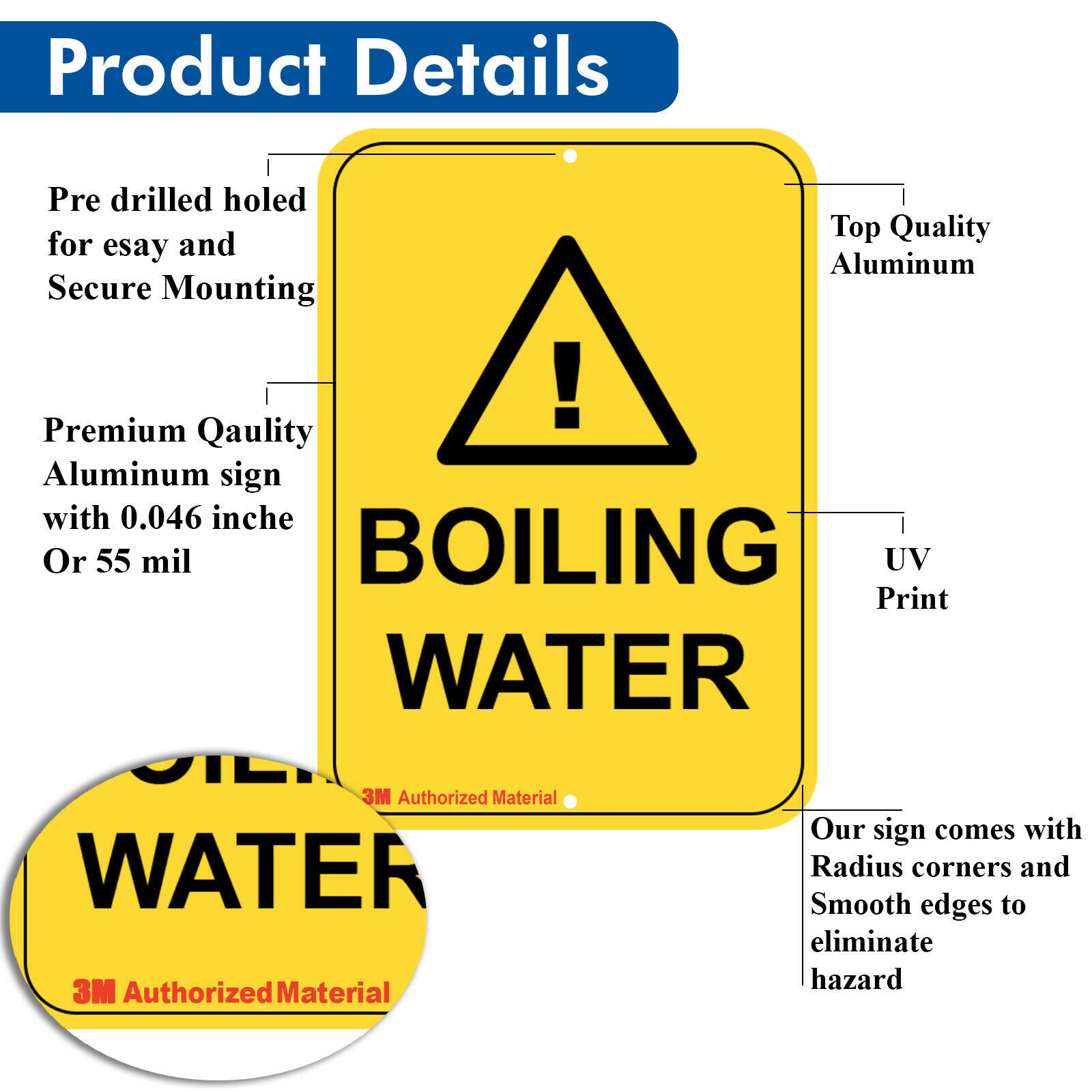 Boiling Water Warning Sign, Metal Aluminium Hazardous Health Safety