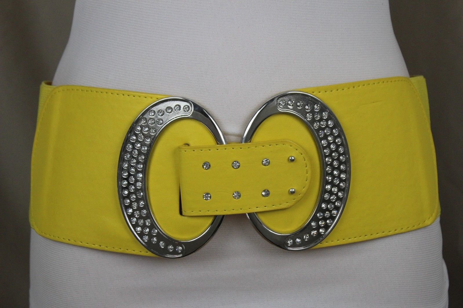 Women Fashion Yellow Elastic Wide Belt Hip High Waist Silver Metal