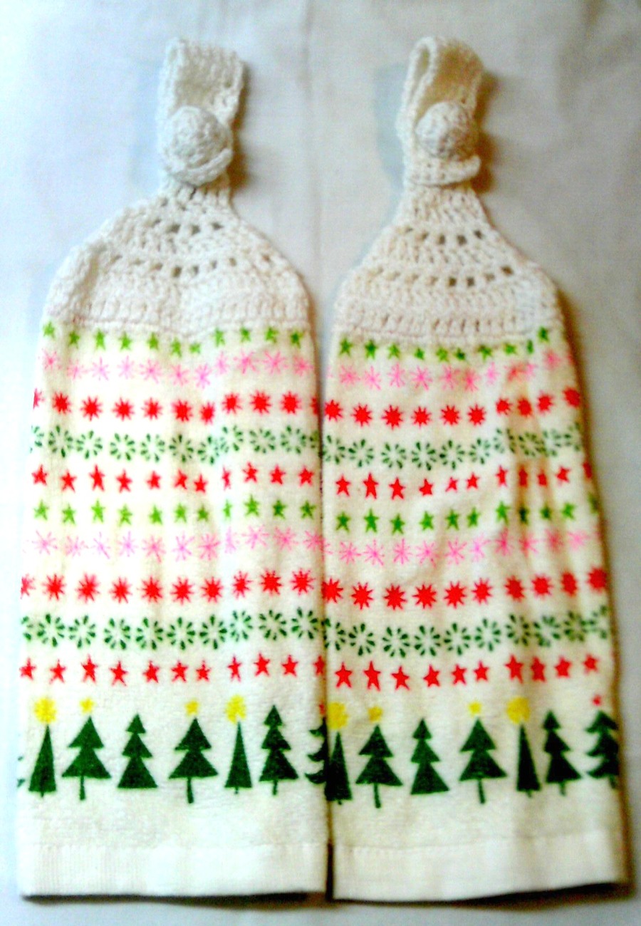 Christmas Trees Handmade Crocheted Top Hanging Kitchen Towels Towels