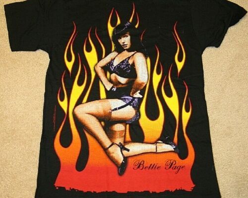 Primary image for Bettie Page Flaming Lingerie Photo Subway Print T-Shirt NEW UNWORN