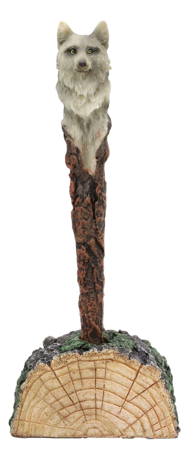 Alpha Gray Wolf Hand Painted Pen With Rustic Tree Bark Holder Stand Figurine