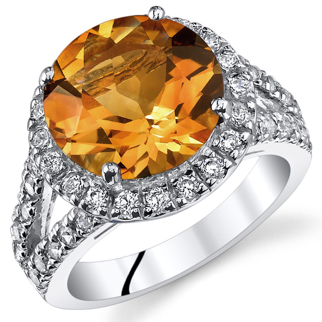 Women's Sterling Silver Round Halo Golden Orange Citrine Cocktail Ring ...