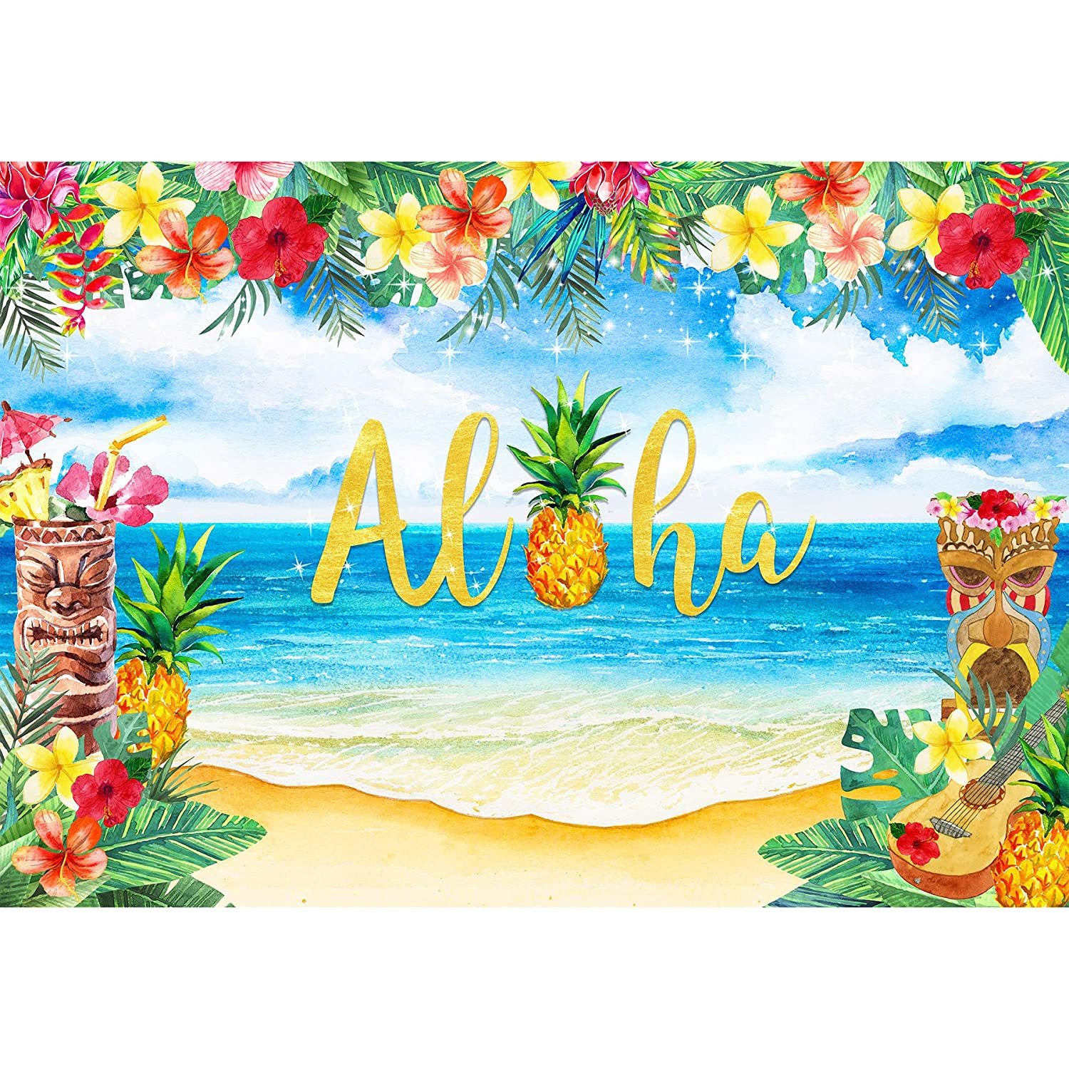 84X60Inch Aloha Backdrop Luau Hawaiian Party Decorations Tropical Beach Leis Pho