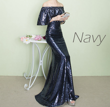 Off Shoulder Gold Sequin Dresses Long Maxi Sequined Women Evening Gown Plus Size image 8