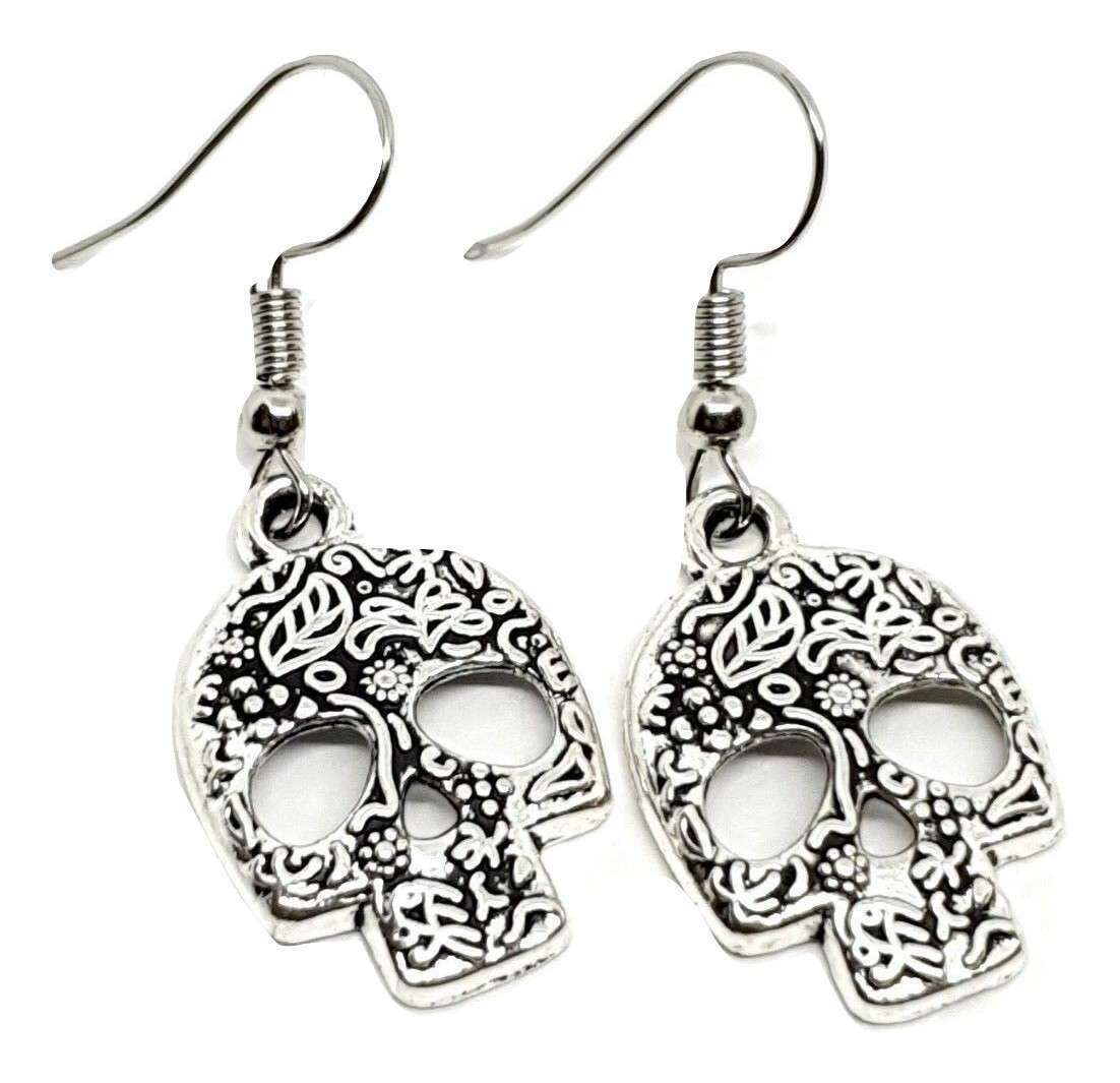 Metal Skull Earrings Large Dangle Silver Tone Hooked Goth Emo Boho UK ...