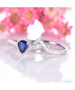 Vintage Blue Sapphire Engagement Ring Set 18K White Gold Pear Shape Curv... - $845.87