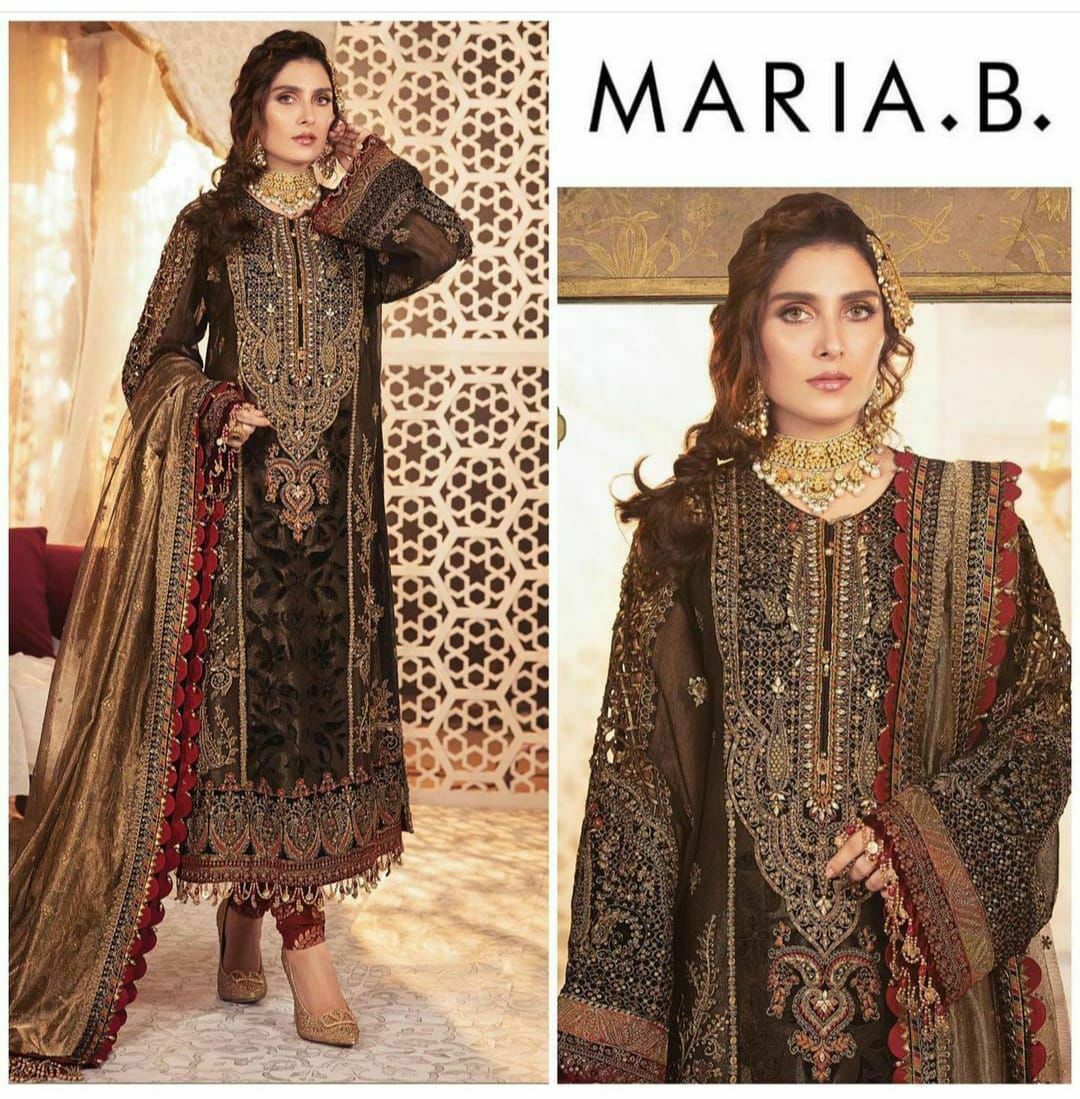 Maria B. MBROIDERED Elegant Designer Dress Black and Burnt Gold (BD-2301)