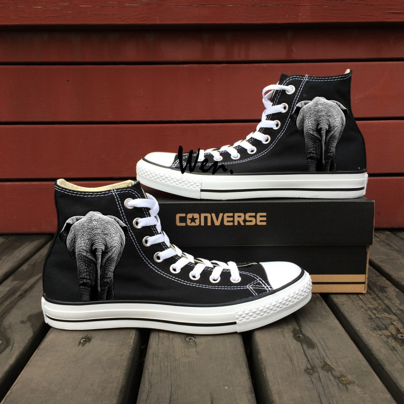 Original Design Animal Elephant Hand Painted Black Converse Shoes for Man Woman