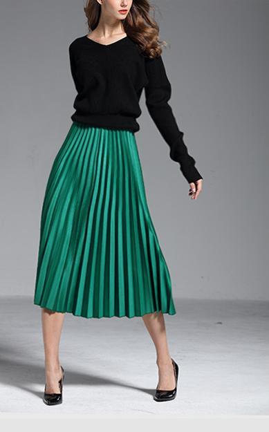 New green metallic pleated A line midi length women metalic skirt spring summer