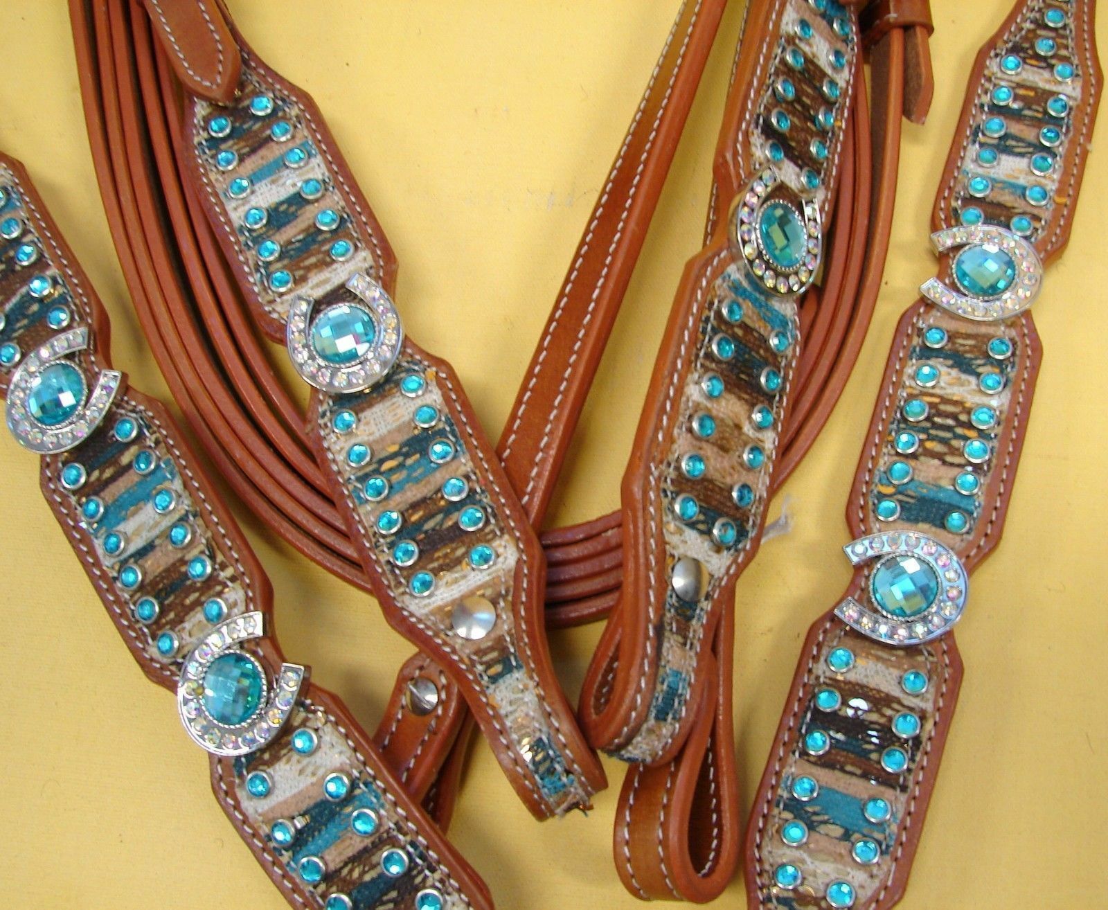 Western Saddle Horse Bling! Leather Tack Set Bridle Headstall + Breast