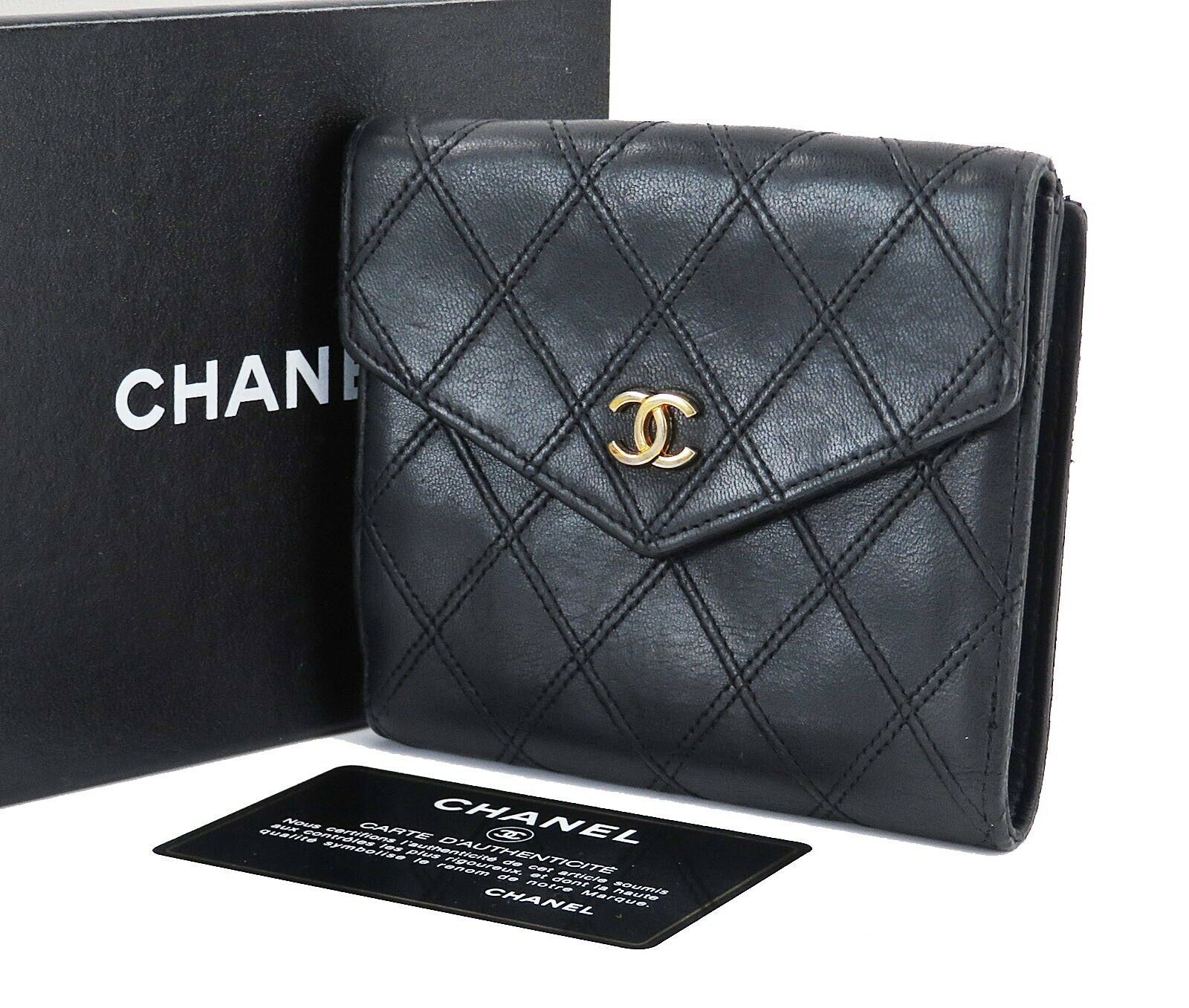 Auth CHANEL Black Quilted Lambskin Leather CC Double Snap Bifold Wallet ...