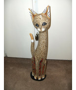 Vntg Tall 24&quot; Hand Crafted Wood Cat Statue Sculpture Figurine Indonesia ... - $74.25