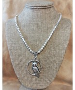 Owl Perched On Wrapped Circle/Antique Silver Rope Chain Bright Silver Accent Bea - $25.95