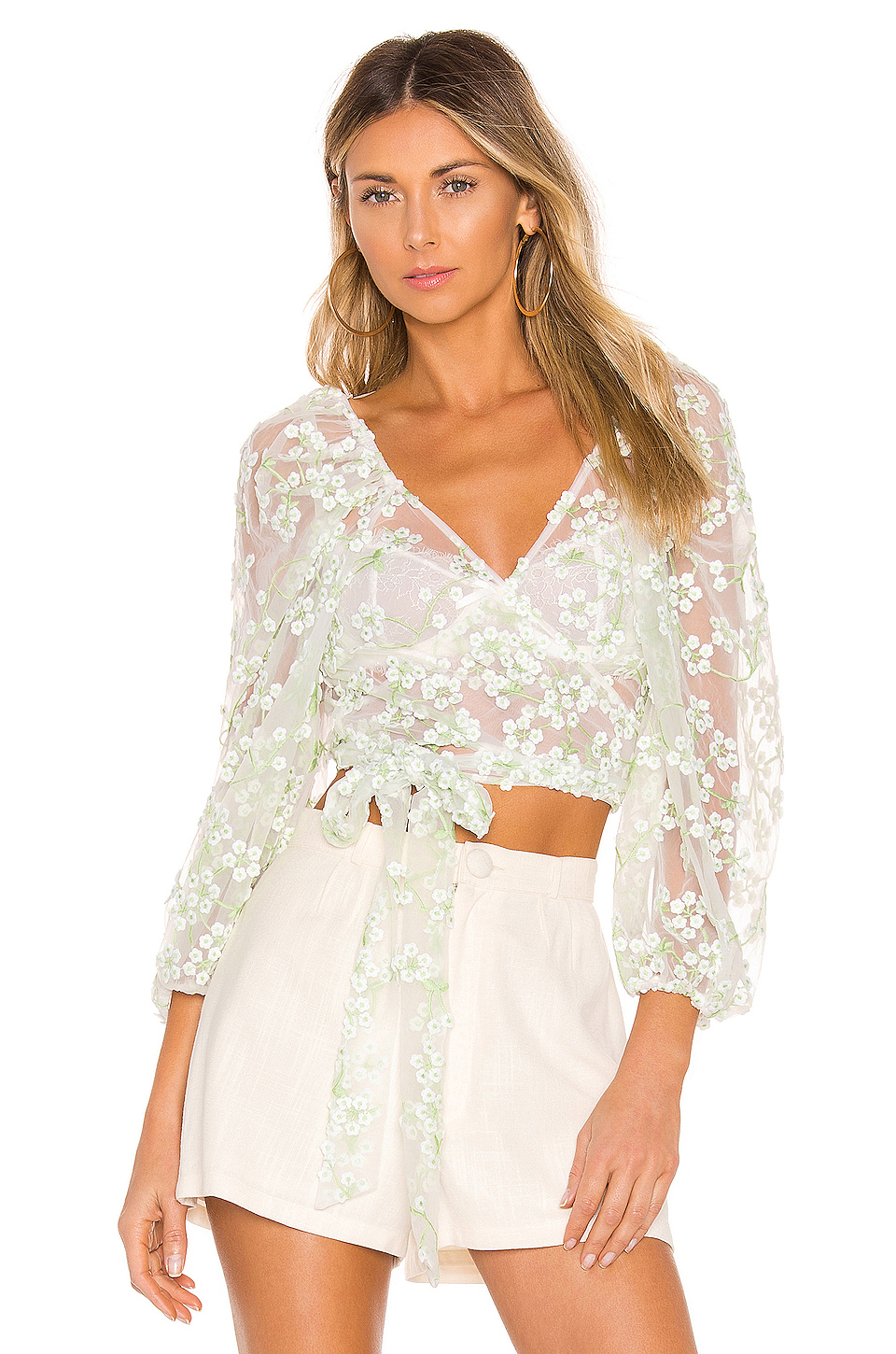 For Love & Lemons Eclair Floral Tulle Sheer Wrap Crop Top Ivory White ...