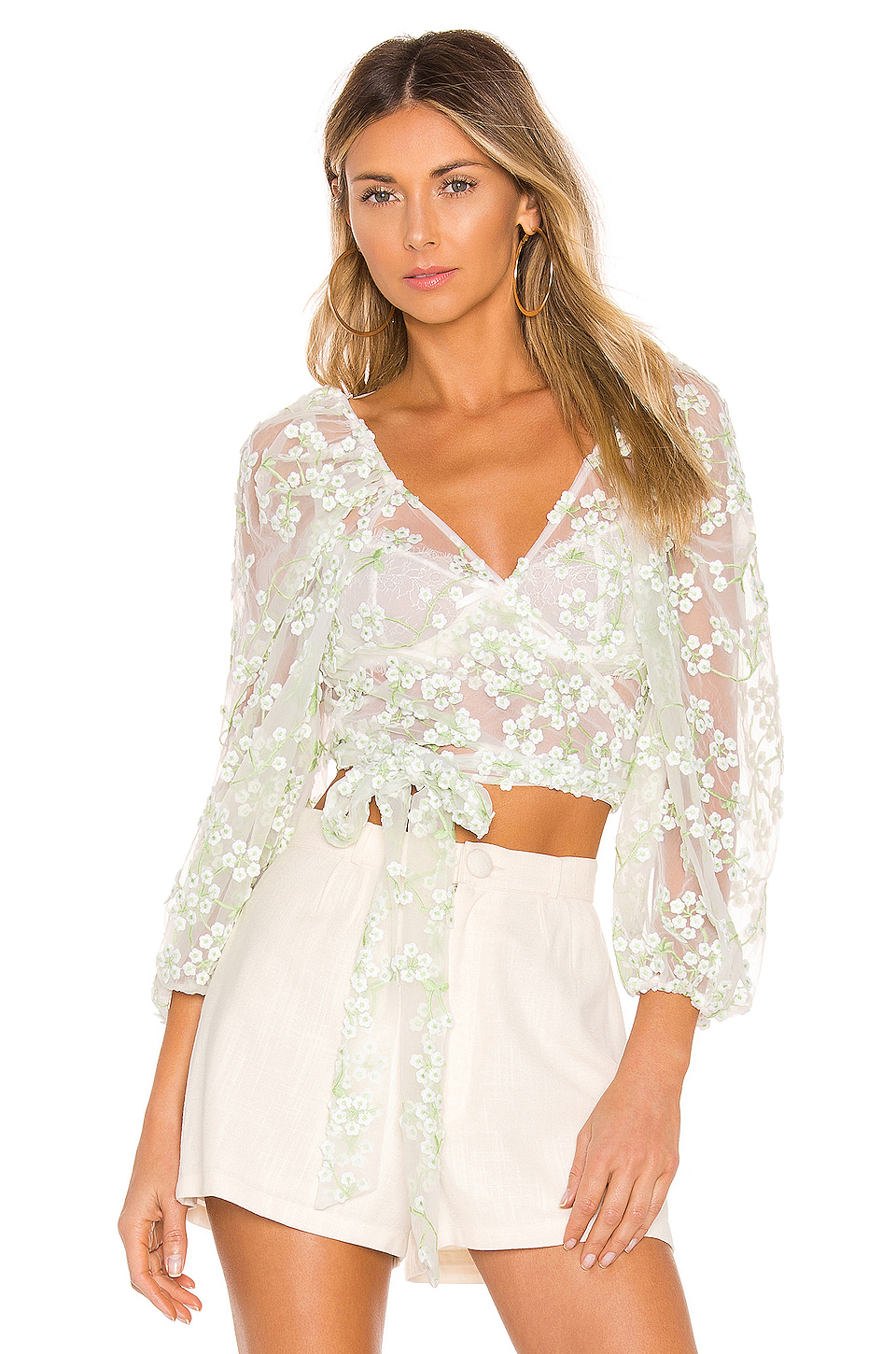 For Love & Lemons Eclair Floral Tulle Sheer Wrap Crop Top Ivory White Nude M - Tops